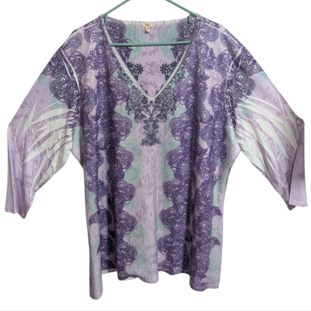 Reba Woman's Embellished Top 3X Purple Sparkly 3/4 Sleeve V Neck